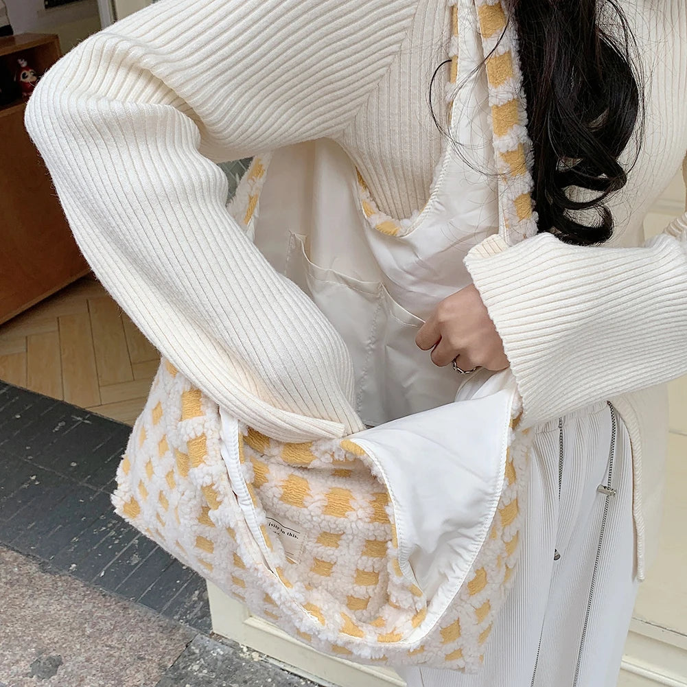 Waffle Plaid Top-handle Bag Large Capacity Casual Tote Shopping Street Travel