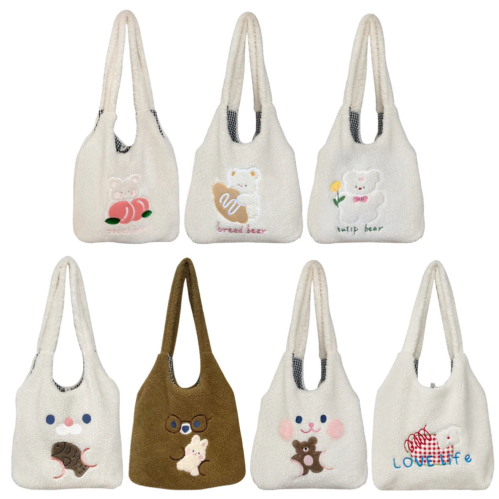 Embroidery Fleece Tote Bag for Women Large Capacity Handbag