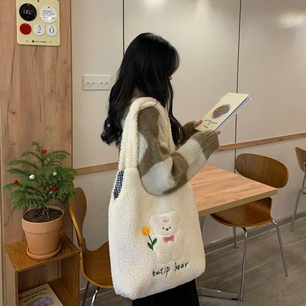 Embroidery Fleece Tote Bag for Women Large Capacity Handbag