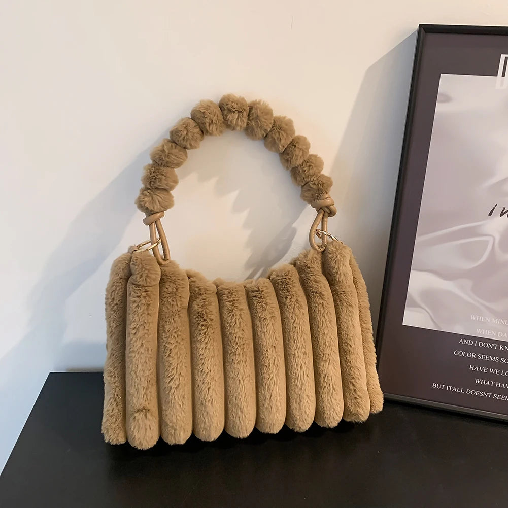Soft Plush Fluffy Women Tote Bag Casual Zipper Shoulder Handbag