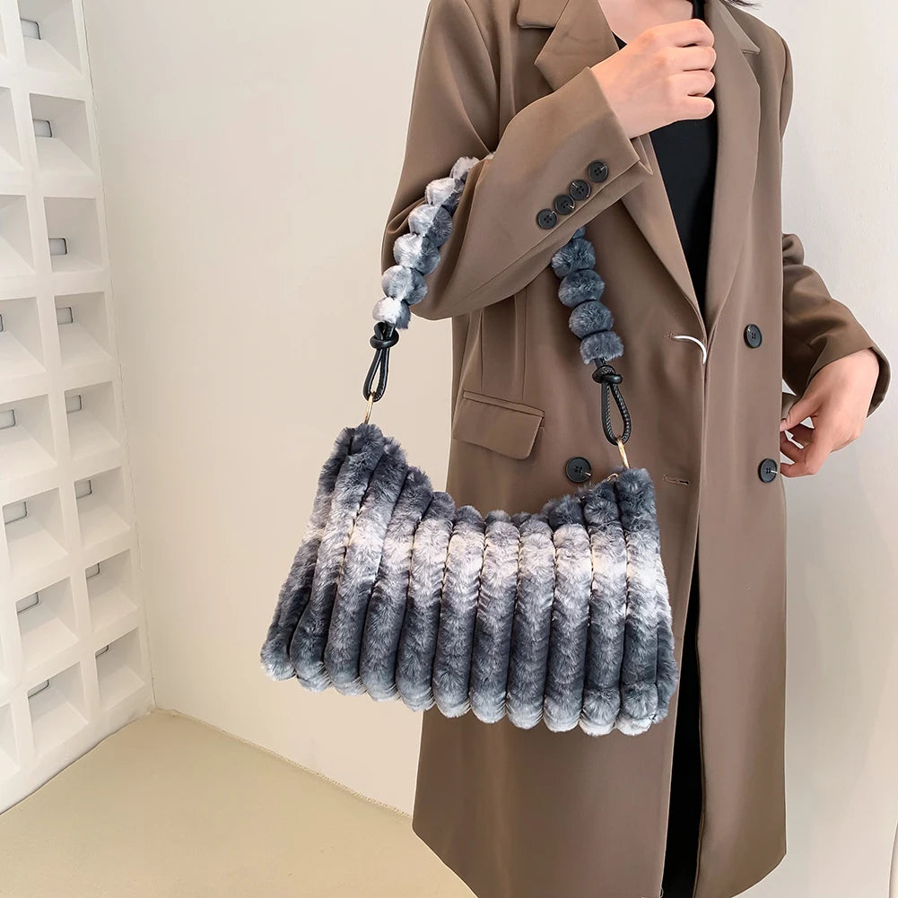 Soft Plush Fluffy Women Tote Bag Casual Zipper Shoulder Handbag