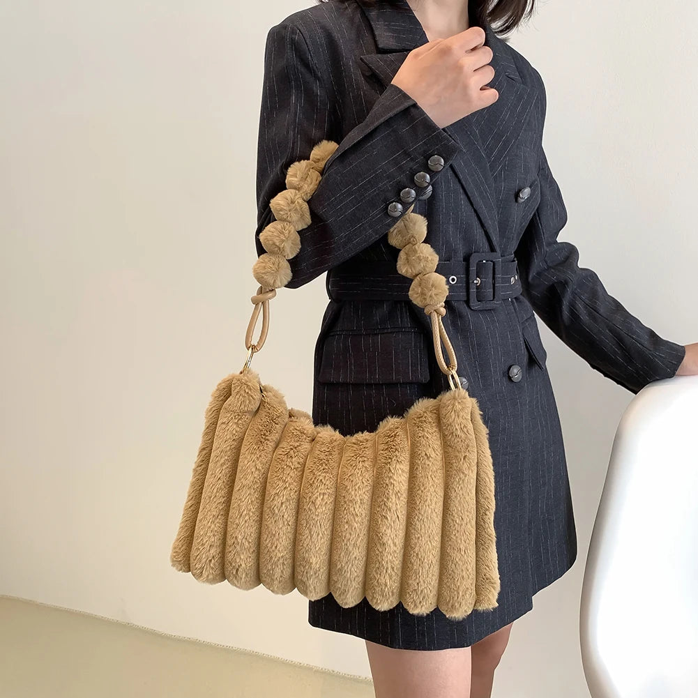 Soft Plush Fluffy Women Tote Bag Casual Zipper Shoulder Handbag