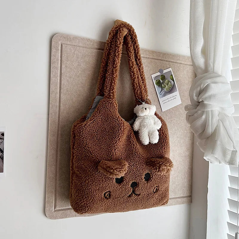 Cartoon Lamb Wool Shoulder Bag for Women Bear Ears Plush Bag