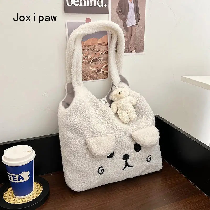 Cartoon Lamb Wool Shoulder Bag for Women Bear Ears Plush Bag