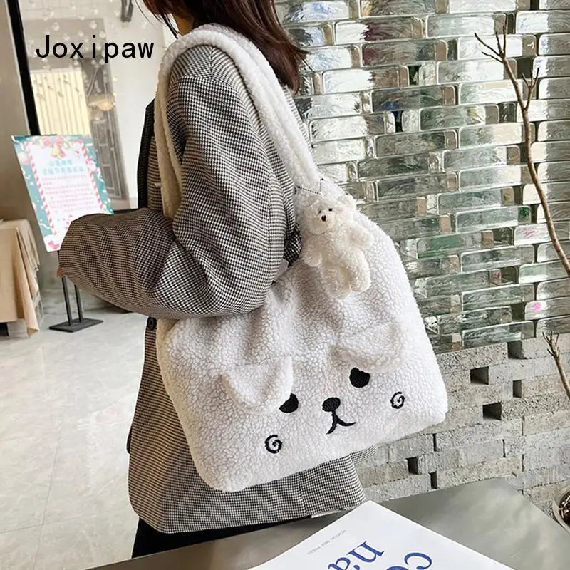 Cartoon Lamb Wool Shoulder Bag for Women Bear Ears Plush Bag