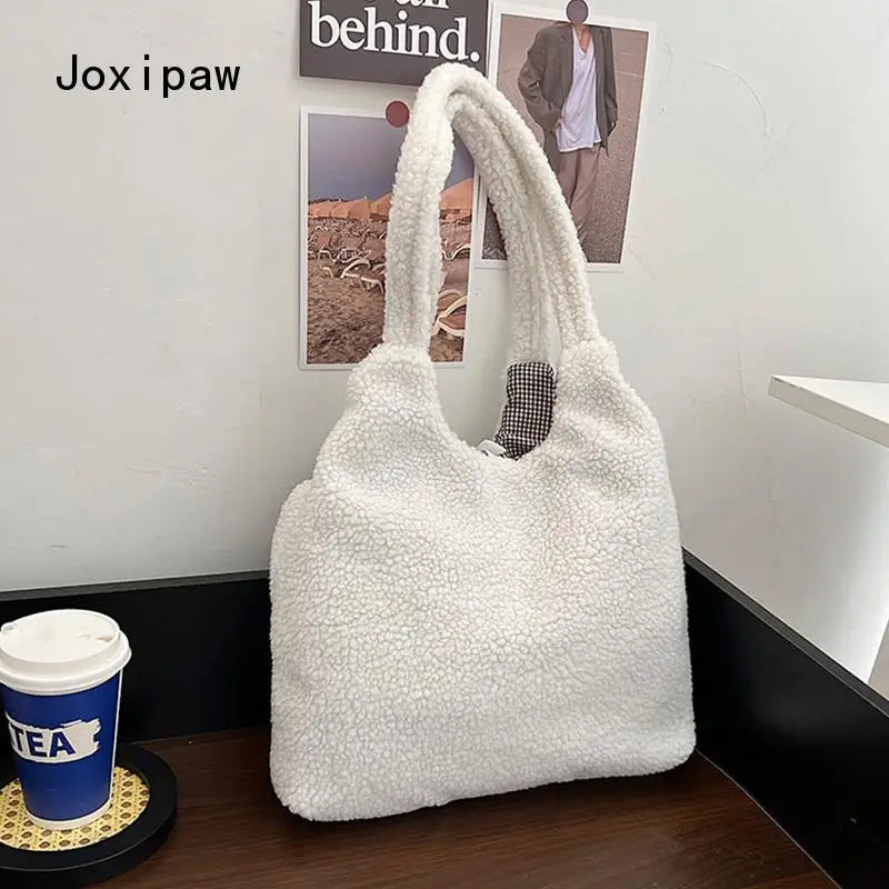 Cartoon Lamb Wool Shoulder Bag for Women Bear Ears Plush Bag