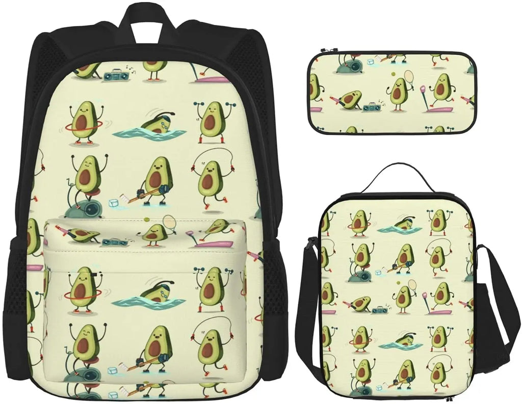 Avocado Exercise School Backpack Pencil Case Lunch Bag Set