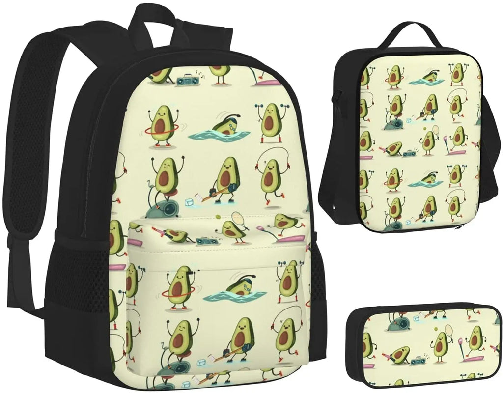 Avocado Exercise School Backpack Pencil Case Lunch Bag Set
