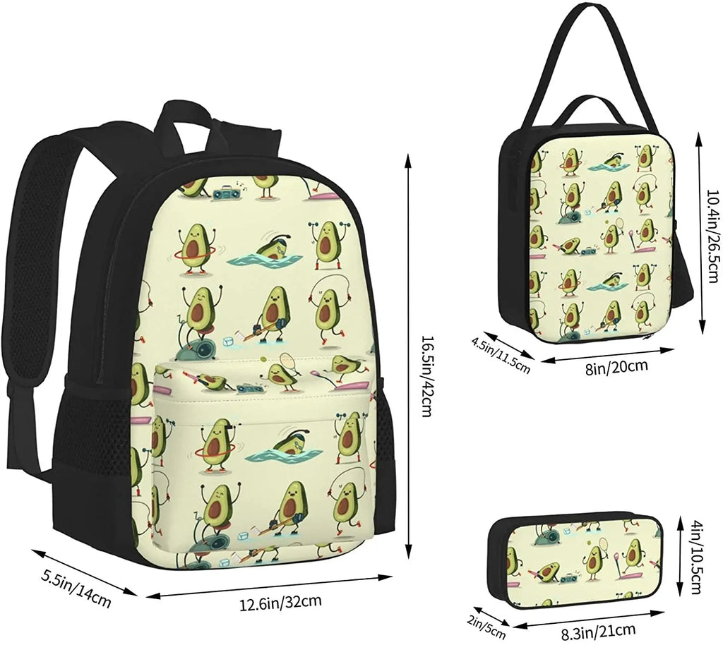 Avocado Exercise School Backpack Pencil Case Lunch Bag Set