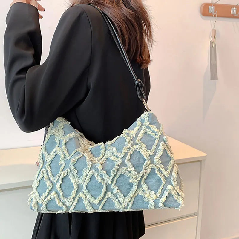 Casual Denim Canvas Plaid Women's Handbag GF3873