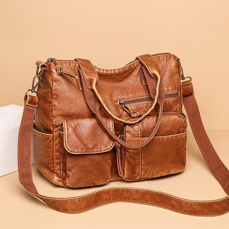 Brown Leather Tote Bag Large Capacity Shoulder Purse Crossbody
