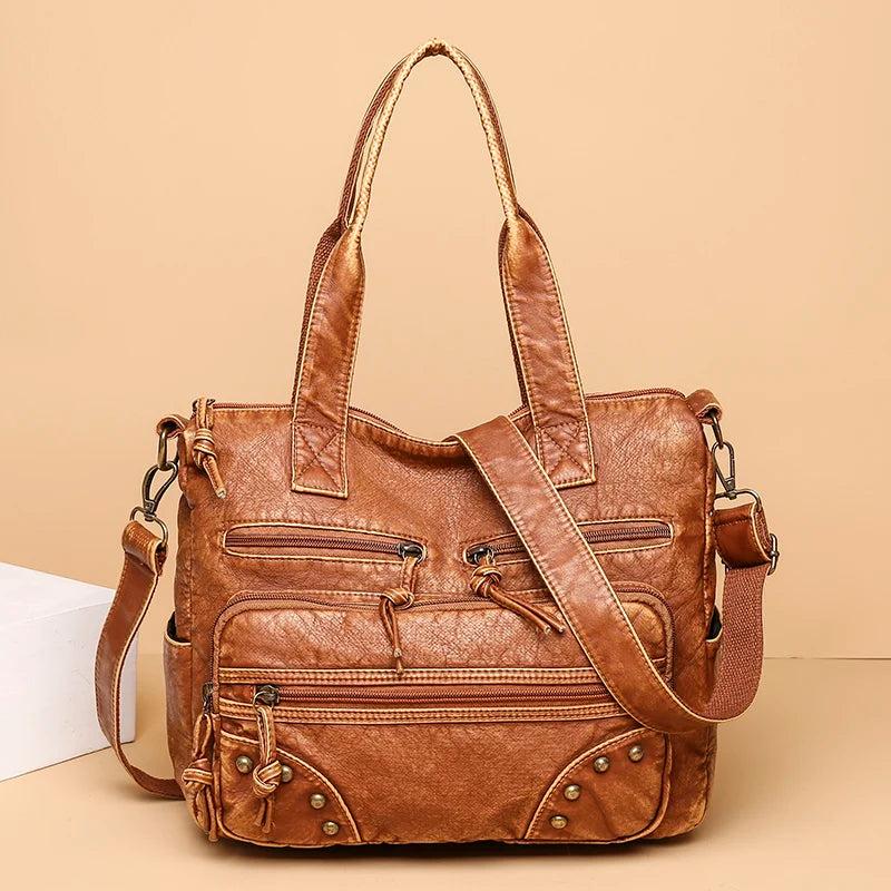 Brown Leather Tote Bag Large Capacity Shoulder Purse Crossbody