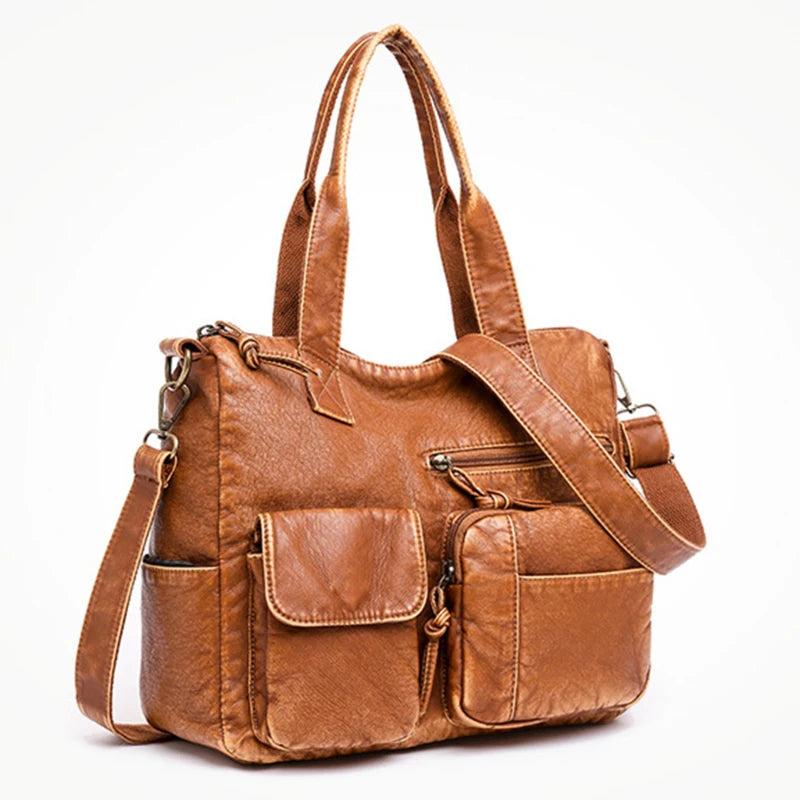 Brown PU Shoulder Crossbody Bags for Women Winter Double Pocket Handbag