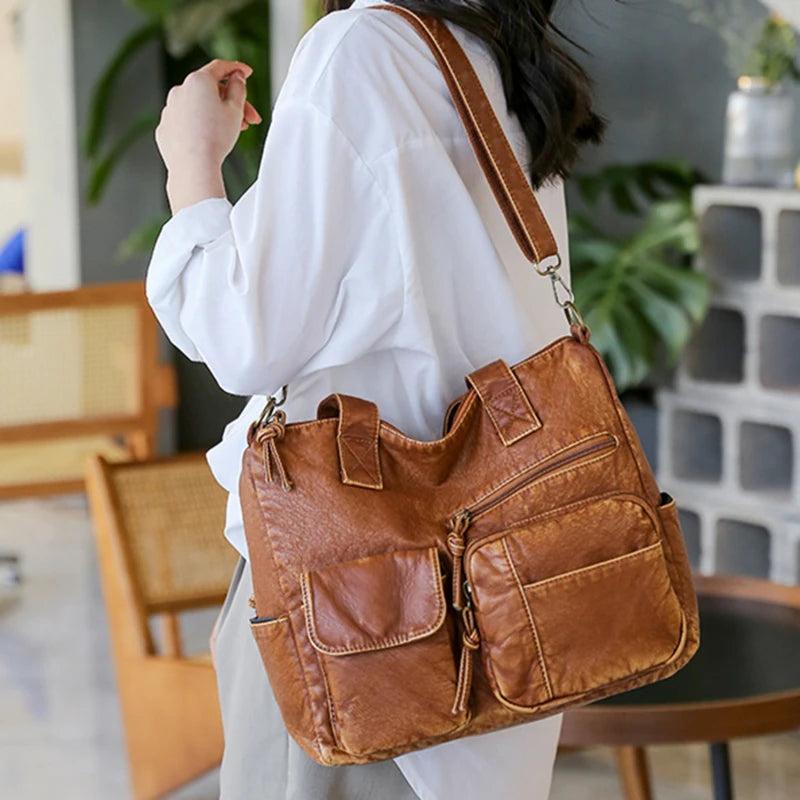 Brown PU Shoulder Crossbody Bags for Women Winter Double Pocket Handbag