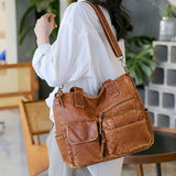 Brown PU Shoulder Crossbody Bags for Women Winter Double Pocket Handbag