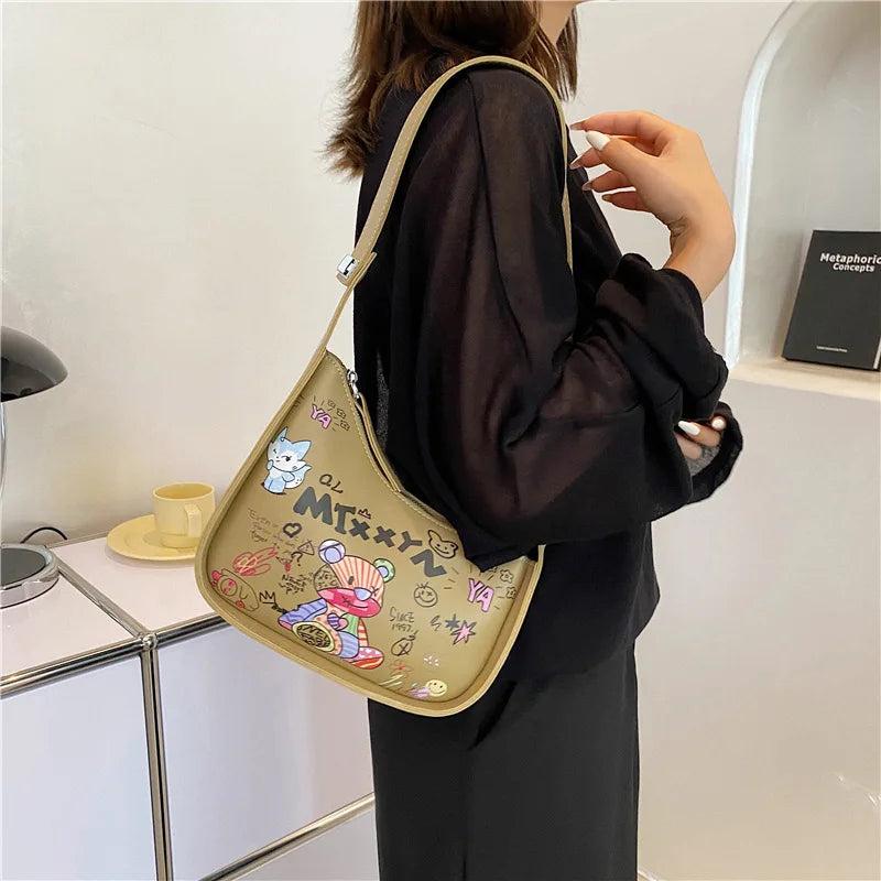 Cartoon Graffiti PU Leather Armpit Shoulder Bag for Women