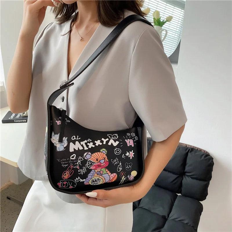 Cartoon Graffiti PU Leather Armpit Shoulder Bag for Women
