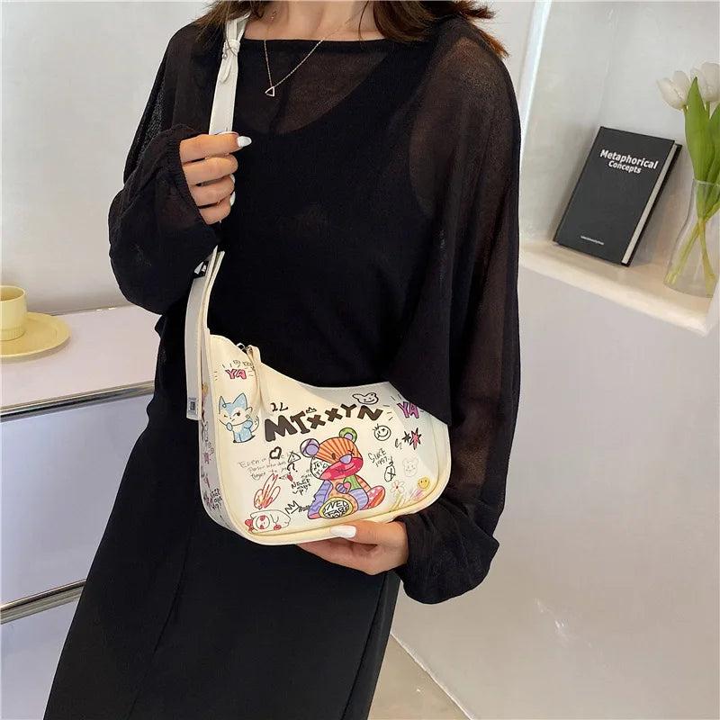 Cartoon Graffiti PU Leather Armpit Shoulder Bag for Women