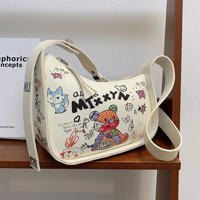 Cartoon Graffiti PU Leather Armpit Shoulder Bag for Women