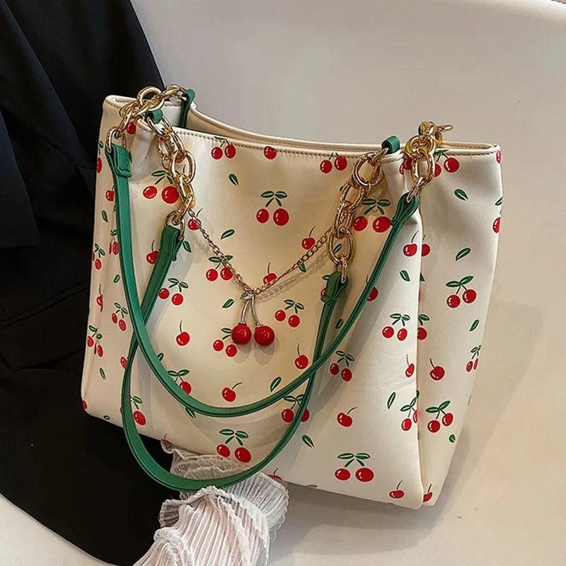 Casual Women Print Pu Leather Cherry Large Capacity Big Totes Shoulder Bags