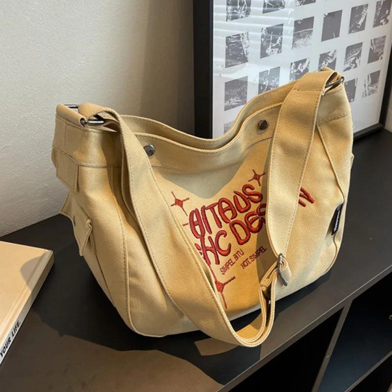Casual Women Canvas Shoulder Bags Ladies Large Capacity Letters Handbag Beige Gr
