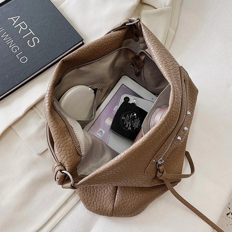 Brown Rivets Shoulder Bag Soft Leather Handbag Messenger Bag Crossbody Tote