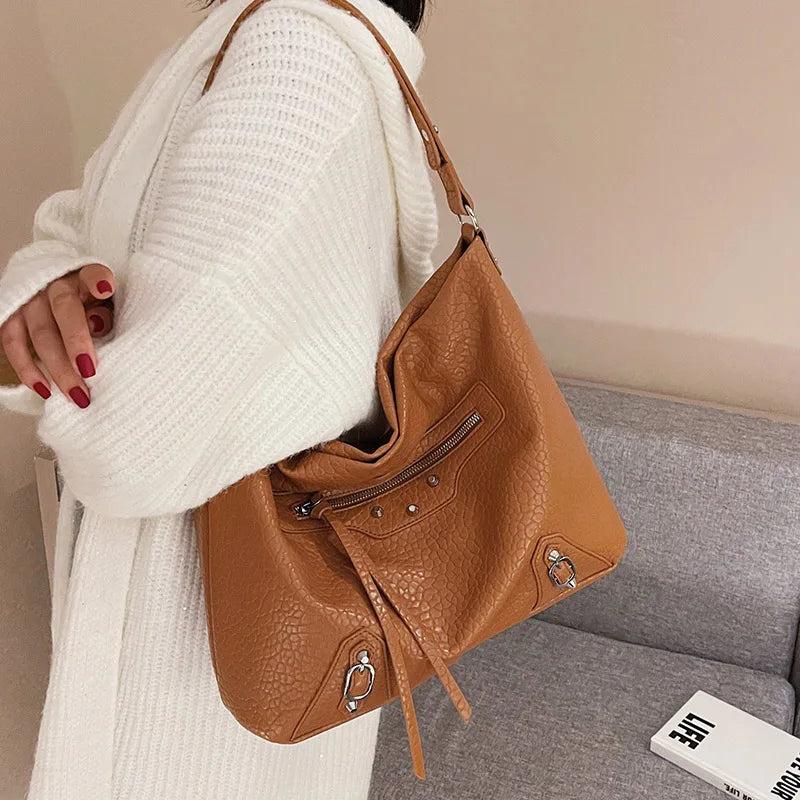 Brown Rivets Shoulder Bag Soft Leather Handbag Messenger Bag Crossbody Tote