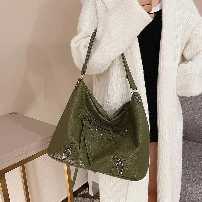 Brown Rivets Shoulder Bag Soft Leather Handbag Messenger Bag Crossbody Tote