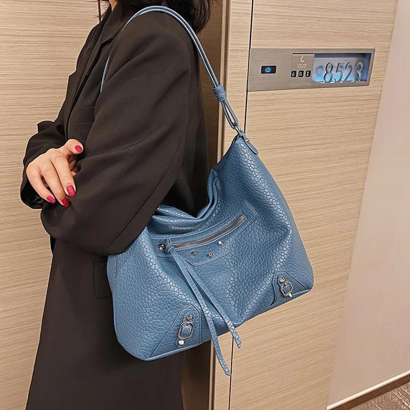 Brown Rivets Shoulder Bag Soft Leather Handbag Messenger Bag Crossbody Tote