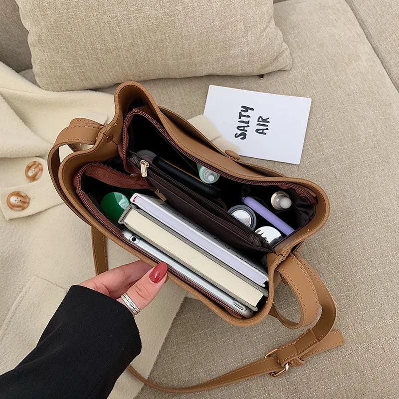 Casual Buckets Bag for Women PU Leather Shoulder Bag Large Capacity Totes