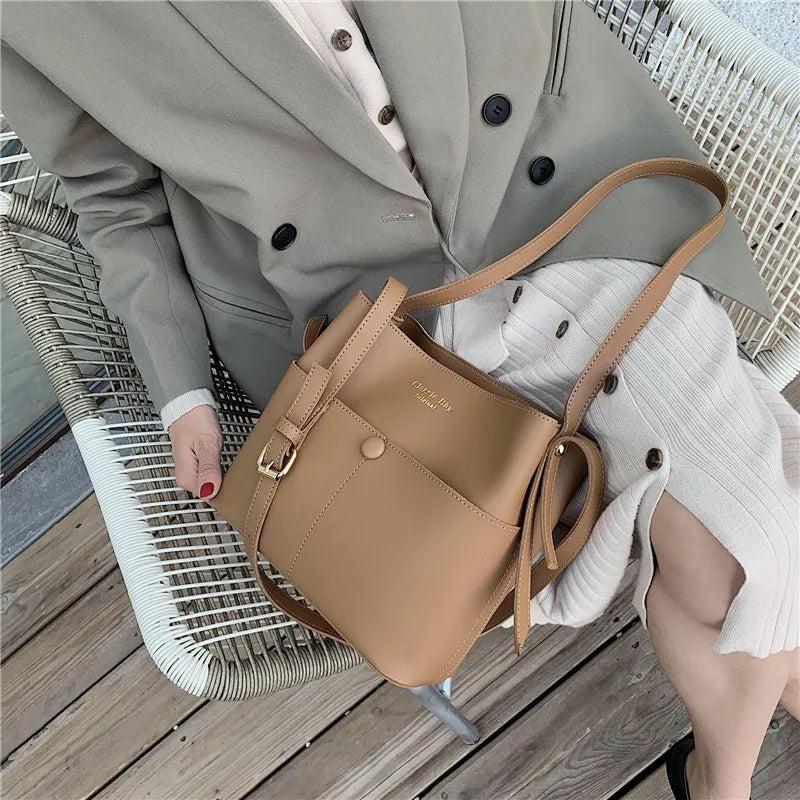 Casual Buckets Bag for Women PU Leather Shoulder Bag Large Capacity Totes