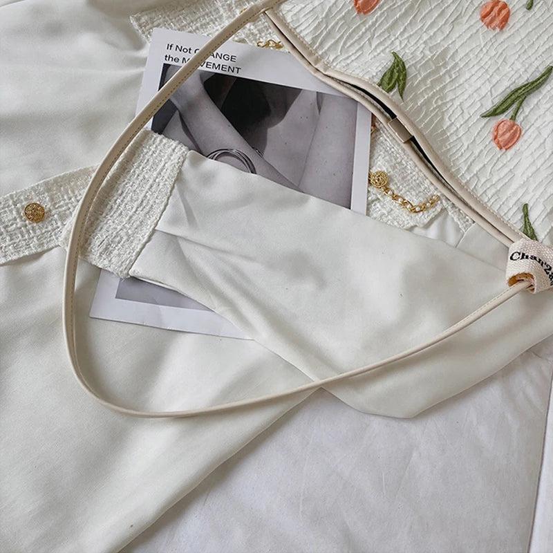 Casual Jacquard Tote Bag with Tulip Flowers Embroidery