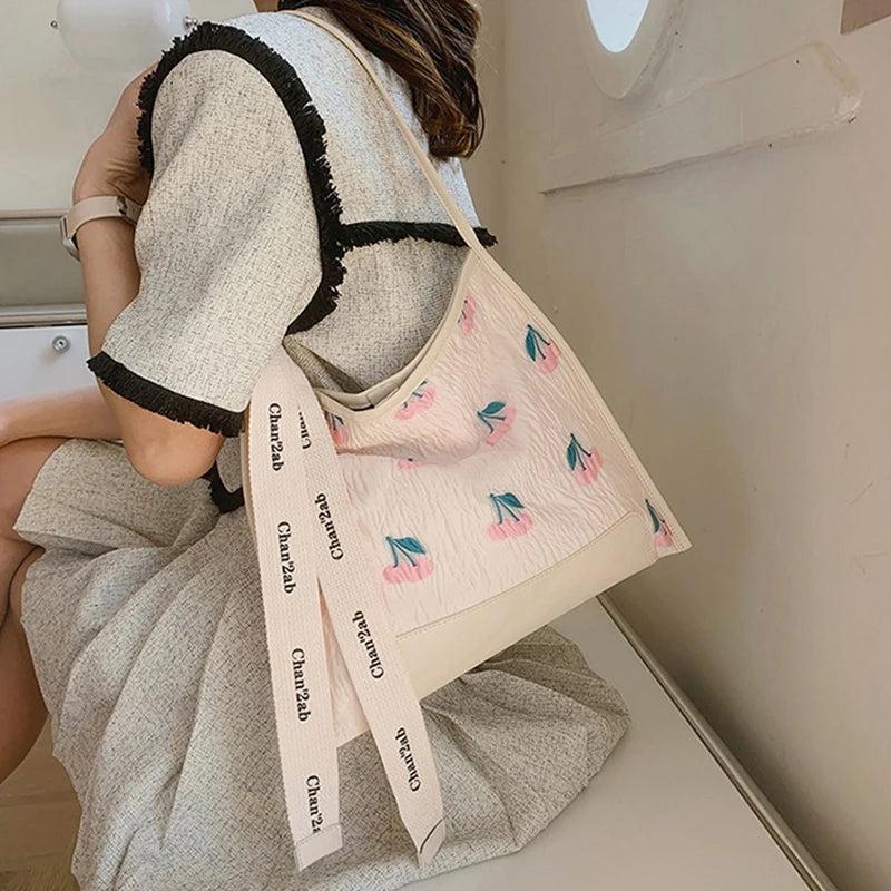 Casual Jacquard Tote Bag with Tulip Flowers Embroidery