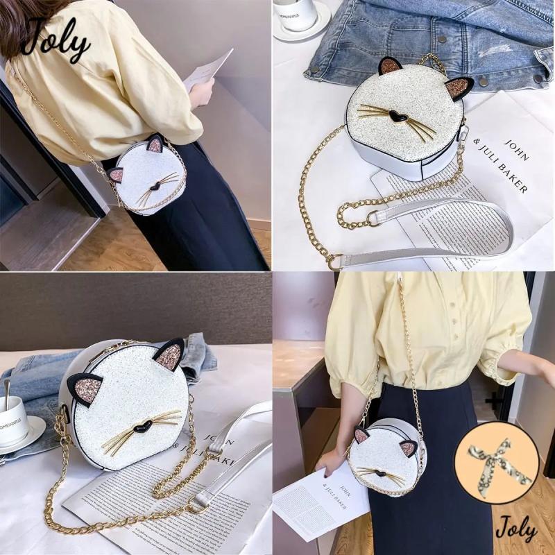 Cat Glitter Circular Shoulder Bag, White Girls Shoulder Bag