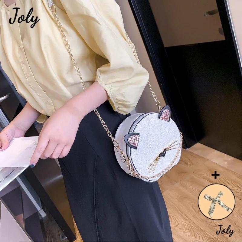 Cat Glitter Circular Shoulder Bag, White Girls Shoulder Bag