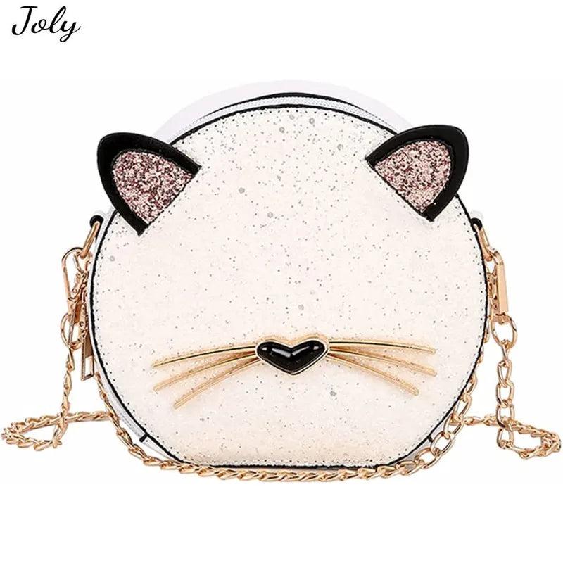 Cat Glitter Circular Shoulder Bag, White Girls Shoulder Bag