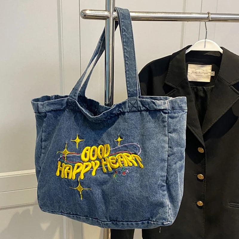 Casual Denim Crossbody Bag Embroidery Female Shoulder Handbag Tote