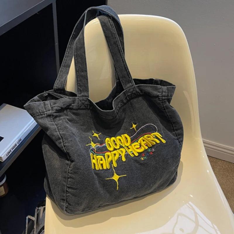 Casual Denim Crossbody Bag Embroidery Female Shoulder Handbag Tote