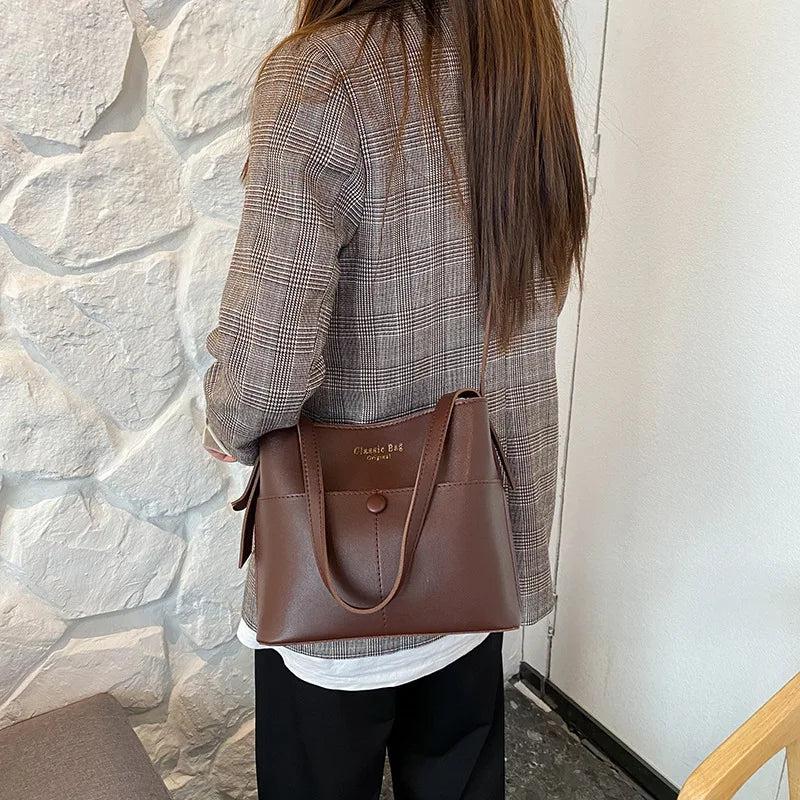 Casual Solid Bucket Women Bags Leather Crossbody Bags Lady Tote Handbags