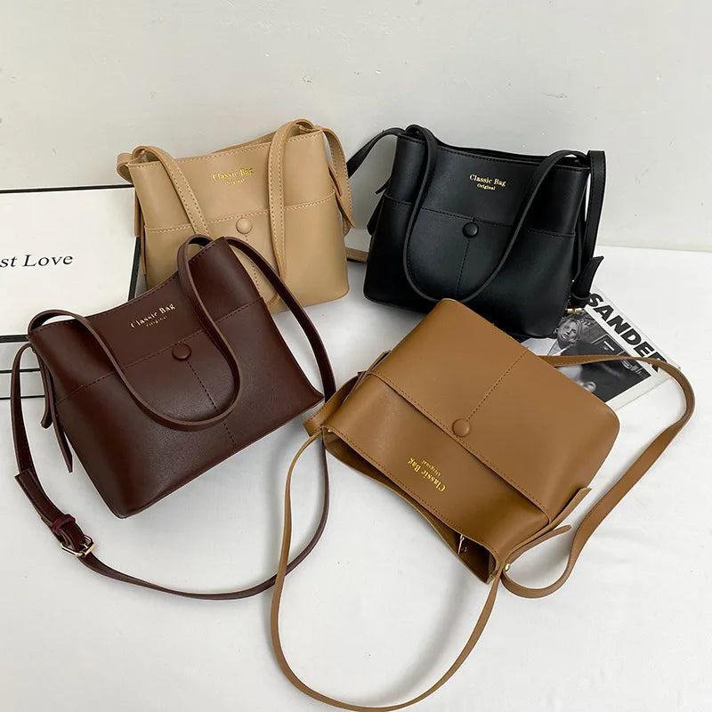 Casual Solid Bucket Women Bags Leather Crossbody Bags Lady Tote Handbags
