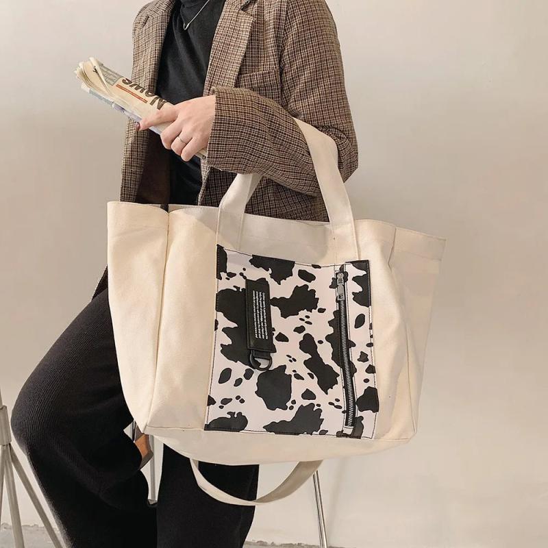 Casual Cow Pattern Canvas Tote Women Handbags Shoulder Crossbody Bags