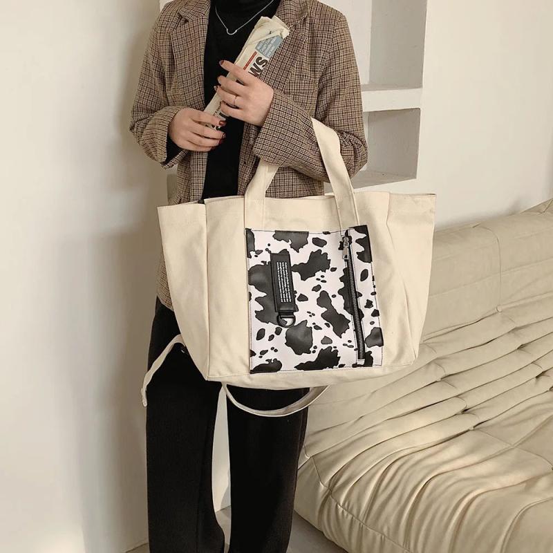 Casual Cow Pattern Canvas Tote Women Handbags Shoulder Crossbody Bags