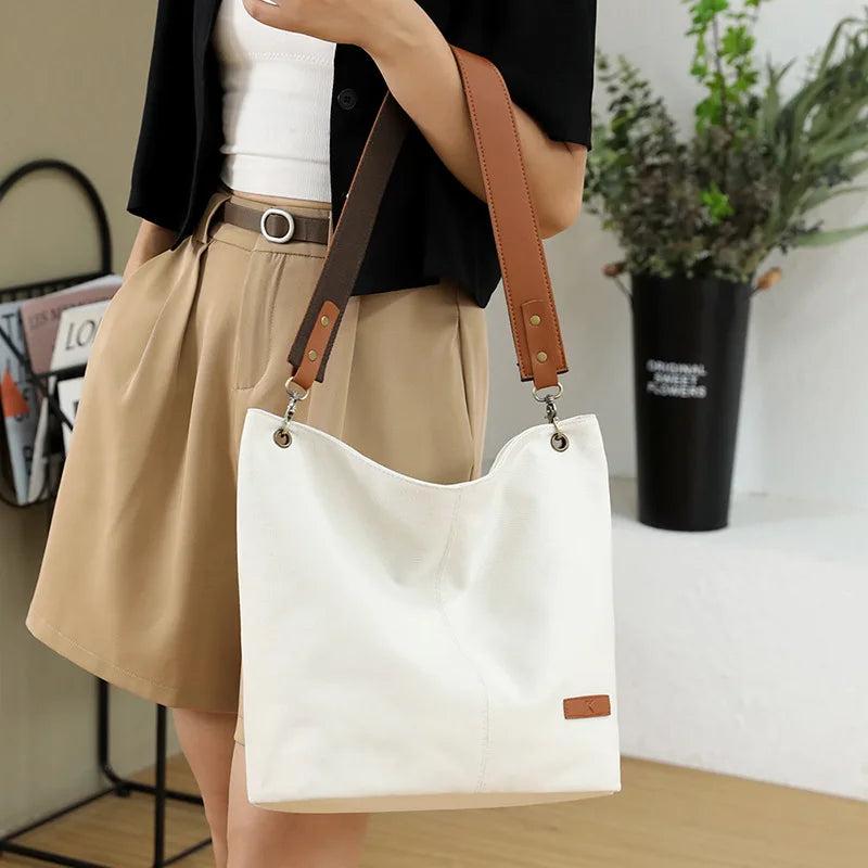 Casual Fabric Canvas Shoulder Bag Zipper Handbag Solid Large Capacity Women's