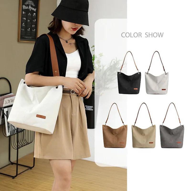 Casual Fabric Canvas Shoulder Bag Zipper Handbag Solid Large Capacity Women's
