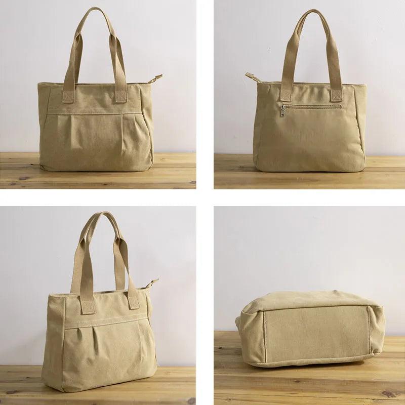 Casual Large Canvas Tote Bag for Women Zipper Handbag