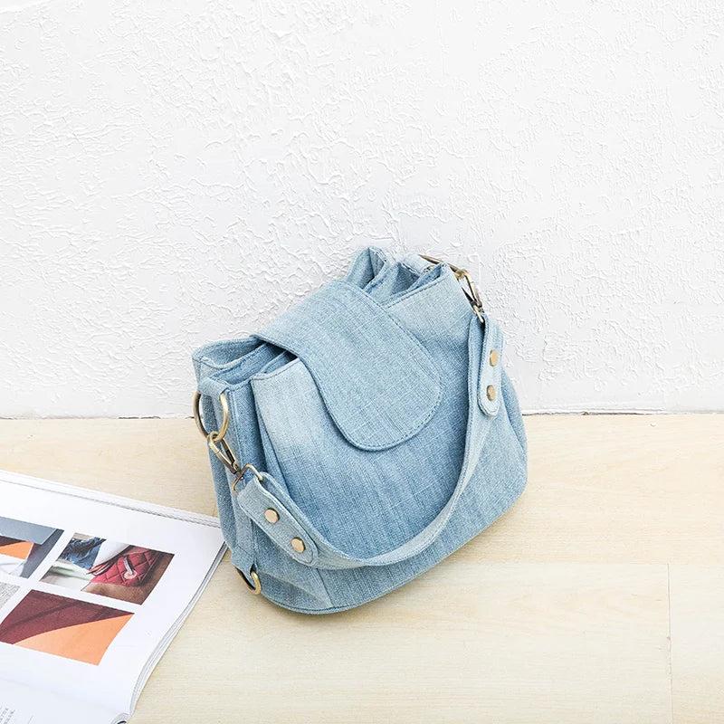 Casual Denim Bucket Bag for Women Shoulder Crossbody Bag