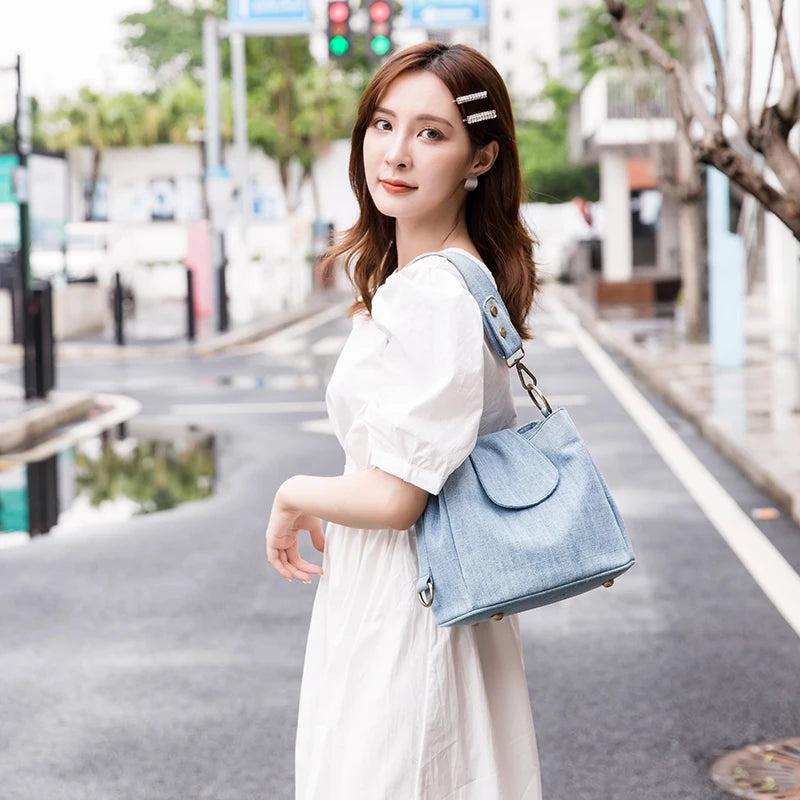 Casual Denim Bucket Bag for Women Shoulder Crossbody Bag