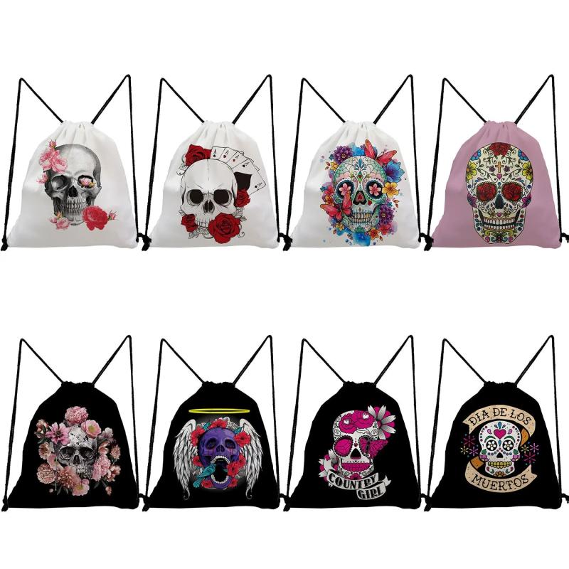 Cartoon Skull Floral Print Drawstring Travel Halloween Candy Gift Bag