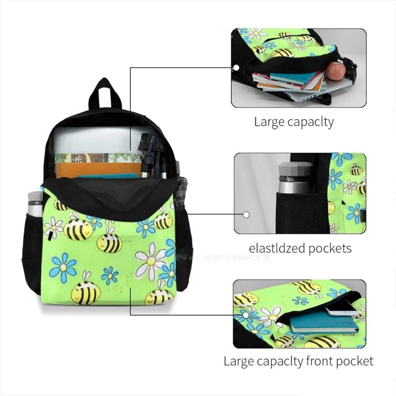 Bee Happy Backpack Laptop Travel Bags Bees Flower Daisy