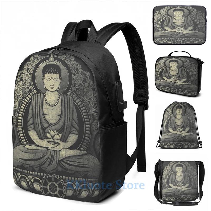 Buddha Yellow Halftone Textured USB Charge Backpack